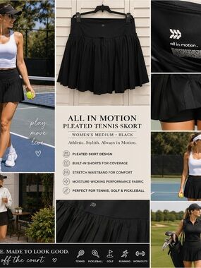 All In Motion Skort Medium Black Pleated Tennis Golf Pickleball Active Stretch